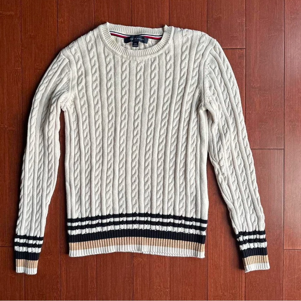 Cable Knit Sweater - Cream with Black Stripes